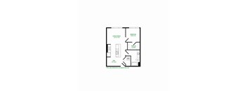 A floor plan of a small apartment with a living/dining area, bedroom, and den.