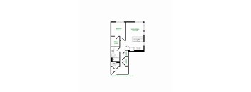 A floor plan of a room with a bedroom, living/dining area, and bathroom.