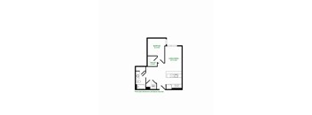 A floor plan of a house with a bedroom, living/dining area, and a hallway/closet.