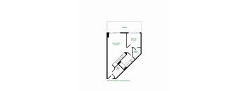A floor plan of a room with a living area, dining area, and bedroom.