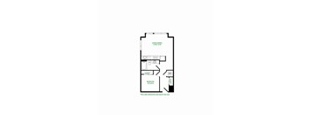 A floor plan of a small apartment with a kitchen, bedroom and bathroom.