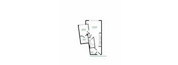 A floor plan of a room with a bedroom, living/dining area, and a walk-in closet.