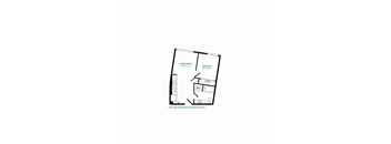 A floor plan of a room with a living/dining area, a bedroom, a closet, and a bathroom.