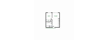 A floor plan of a room with a bedroom, living room, and closet.