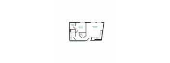 A floor plan of a room with a bedroom, living/dining area, and a kitchen.