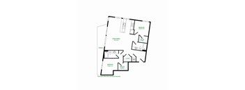 A floor plan of a house with two bedrooms, a living/dining area, a terrace, and a kitchen.