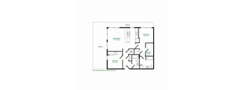 A black and white image of a floor plan for a house with two bedrooms, a living/dining area, a closet, a bathroom, and a walk-in closet.