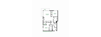 A floor plan of a house with two bedrooms, a living area, and a bathroom.