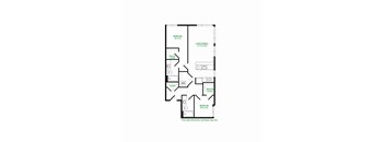 A floor plan of a room with a bedroom, living/dining area, and a bathroom.
