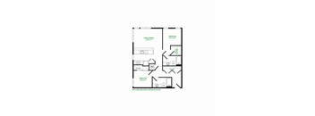 A floor plan of a house with two bedrooms and a living/dining area.
