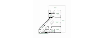 A floor plan of a house with two bedrooms, a living area, and a closet.