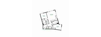 A floor plan of a house with two bedrooms, a living area, a walk-in closet, and a kitchen.