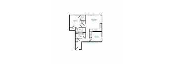 A floor plan of a house with two bedrooms, a living area, a bathroom, and a closet.