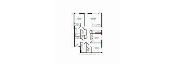 A floor plan of a house with a living/dining area, two bedrooms, a bathroom, and a laundry room.
