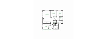 A floor plan of a house with two bedrooms, a living/dining area, a kitchen, a walk-in closet, and a laundry room.