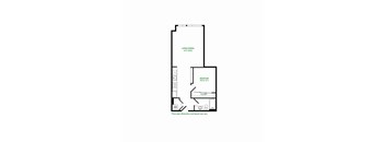 A floor plan of a 14 x 19.95 living/dining area with a bedroom measuring 10.5 x 12.