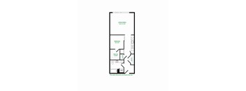 A floor plan of a room with a living area, bedroom, and walk-in closet.