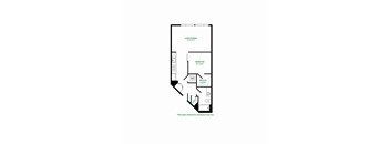 A floor plan of a room with a living/dining area, bedroom, and walk-in closet.