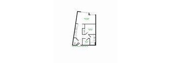 A floor plan of a room with a walking area, bedroom, and a walk-in closet.