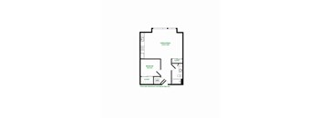 A floor plan of a room with a dining area, bedroom, and closet.