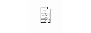 A floor plan of a room with a living/dining area, a bedroom, and a closet.