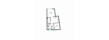 A floor plan of a house with a living/dining area, a bedroom, a bathroom, a kitchen, a laundry room, and a cloakroom.