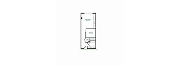 A floor plan of a room with a living/dining area, a bedroom, a closet, and a bathroom.