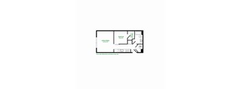 A floor plan of a room with a living/dining area, a bedroom, a bathroom, and a kitchen.