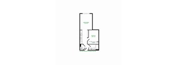 A floor plan of a room with a living/dining area, a bedroom, a closet, and a WC.
