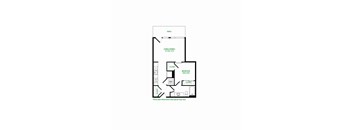 A floor plan of a living room with a bedroom and a patio.