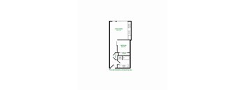 A floor plan of a living and dining area with a bedroom and bathroom.