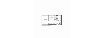 A floor plan of a room with a living area, dining area, and a kitchen.