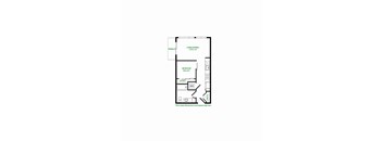 A floor plan of a room with a bedroom, bathroom, and living room.