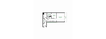 A floor plan of a room with a bedroom, living room, and closet.