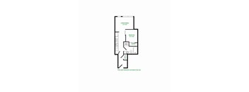 A floor plan of a room with a living area, bedroom, and closet.