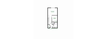 A floor plan of a small apartment with a living room, bedroom, and closet.