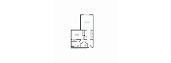 A floor plan of a one bedroom apartment with a living area and kitchen.