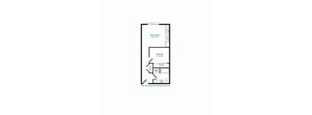 A floor plan of a room with a living/dining area, a bedroom, and a closet.