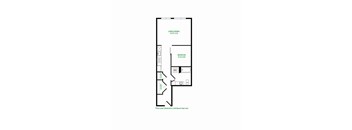 A floor plan of a room with a living/dining area, a bedroom, a bathroom, and a closet.
