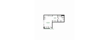 A floor plan of a room with a living and dining area, a sleeping area, and a bathroom.