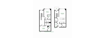 A floor plan of a two level home with a living area, two bedrooms, a patio, and a walk-in closet.