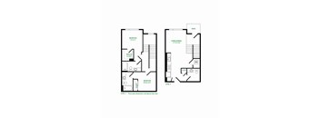 A floor plan of a two level home with two bedrooms and a living/dining area.