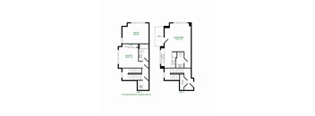 A floor plan of a two level residential property with a living/dining area on the upper level and a bedroom with a bathroom on the lower level.
