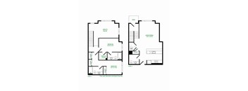 A floor plan of a two level home with a living/dining area, two bedrooms, and a closet.