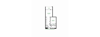 A floor plan of a room with a terrace, living/dining area, and bedroom.