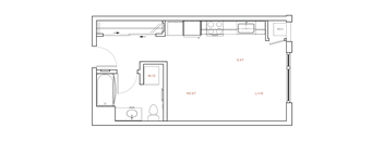 A floor plan of a small apartment with a kitchen, living room, and bathroom.