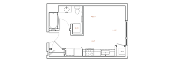 A floor plan of a small apartment with a living room, dining room, kitchen, and bathroom.