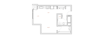 A floor plan of a small apartment with a living room, kitchen, and bedroom.