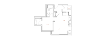 A floor plan of a house with labeled rooms such as W/D, EAT, REST, LIVE, and MECH.