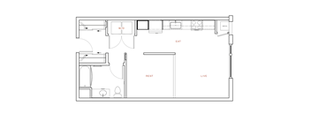 A floor plan of a room with a kitchen, living room, dining room, and bathroom.